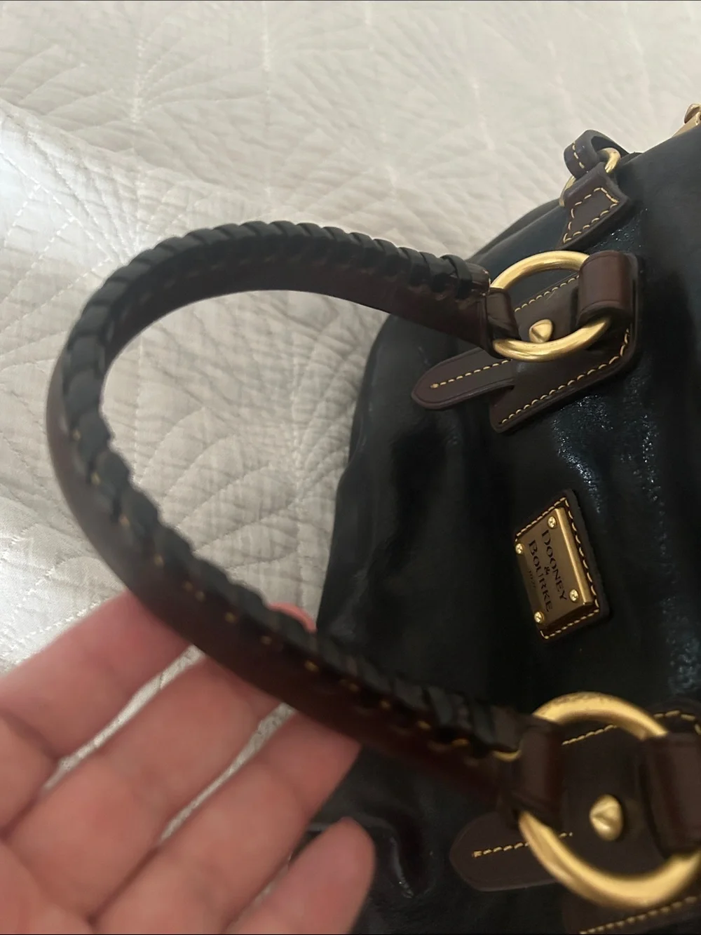 Dooney & Bourke Black Leather Satchel with Brown Trim and Gold Hardware
